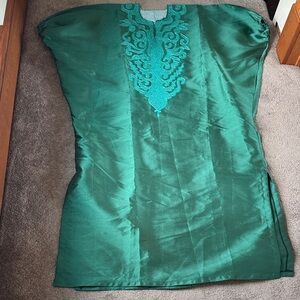 African Mikado Silk Green Embroidered Bubu Dress SIZE OS